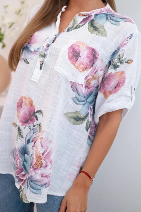 Bluzka damska z bawełny z kwiatowym wzorem biała