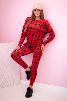 Komplet damski z weluru w monogram czerwony