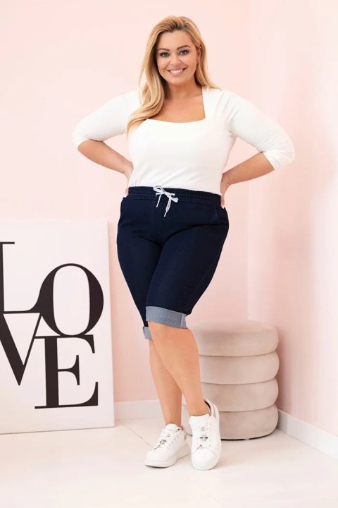 Spodenki damskie bawełniane Plus Size z wiązaniem ciemno jeansowe