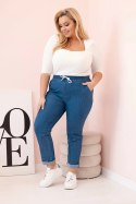 Spodnie damskie bawełniane Plus Size z elastyczną talią i wiązaniem ciemno jeansowe