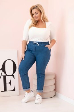 Spodnie damskie bawełniane Plus Size z elastyczną talią i wiązaniem ciemno jeansowe