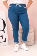Spodnie damskie bawełniane Plus Size z elastyczną talią i wiązaniem ciemno jeansowe