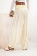 Spodnie damskie wiskozowe z szeroką nogawką i marszczeniami żółte