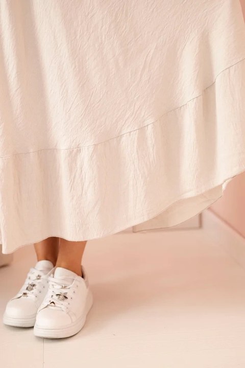 Sukienka damska plus size z krótkim rękawem i falbaną z lekkiej wiskozy beżowa