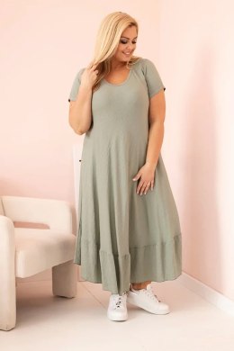 Sukienka damska plus size z krótkim rękawem i falbaną z lekkiej wiskozy khaki