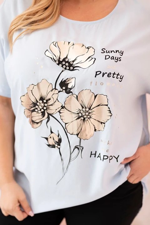 Bluzka damska Plus Size z wiskozy z kwiatowym nadrukiem i napisem niebieska