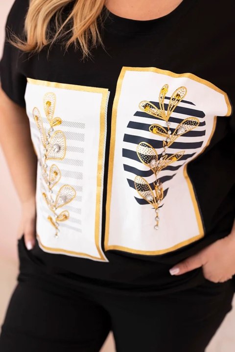 Bluzka damska bawełniana Plus Size z dżetami czarny + granatowy