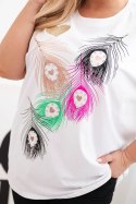 Bluzka damska bawełniana Plus Size z motywem piór biały + różowy