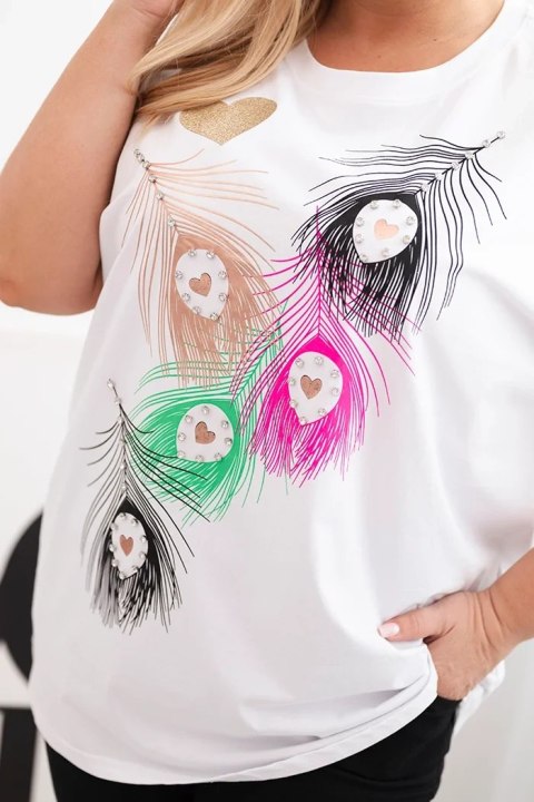 Bluzka damska bawełniana Plus Size z motywem piór biały + różowy