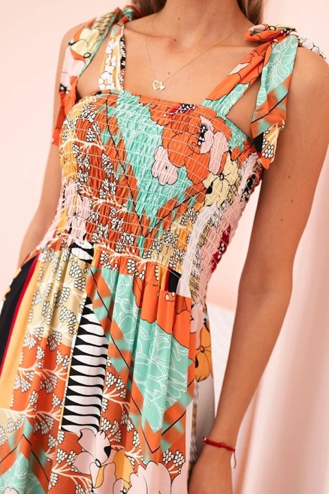 Sukienka damska bawełniana z marszczeniem i kwiatowym wzorem miętowa