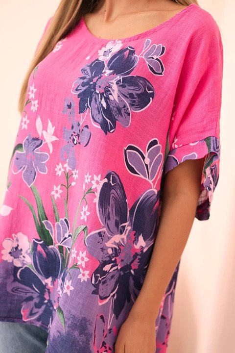Bluzka damska bawełniana z kwiatowym nadrukiem i krótkim rękawem różowa