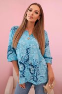 Bluzka damska bawełniana z podwijanym rękawem i wzorem paisley turkusowa
