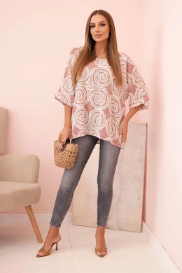 Bluzka damska z bawełny w etniczne wzory z podwiniętym rękawem ciemno różowa