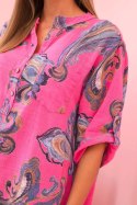 Bluzka damska z bawełny z ozdobnym printem i podwijanymi rękawami różowa