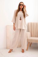 Komplet damski z wiskozy bluzka z naszyjnikiem oraz spodnie beżowy