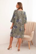 Sukienka damska bawełniana z kwiatowym wzorem i rękawem 3/4 khaki