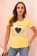 Bluzka damska bawełniana z falbanką i sercem z dżetów żółta