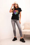 Bluzka damska bawełniana z krótkim rękawem i kolorowym nadrukiem czarna