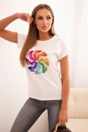 Bluzka damska bawełniana z krótkim rękawem i kolorowym nadrukiem ecru