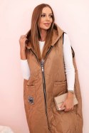 Kamizelka damska pikowana Plus Size z kapturem zapinana na zamek camelowa
