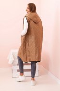 Kamizelka damska pikowana Plus Size z kapturem zapinana na zamek camelowa