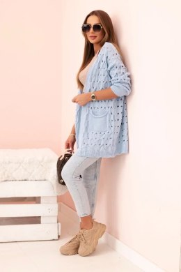 Kardigan damski ażurowy z kieszeniami niebieski