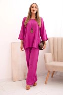 Komplet damski z wiskozy bluzka z naszyjnikiem oraz spodnie fioletowy
