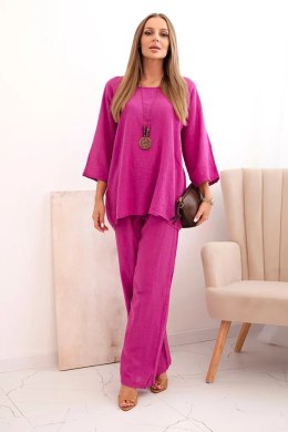 Komplet damski z wiskozy bluzka z naszyjnikiem oraz spodnie fioletowy