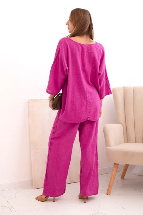 Komplet damski z wiskozy bluzka z naszyjnikiem oraz spodnie fioletowy