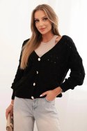 Sweter damski ażurowy z dekoltem V i złotymi guzikami czarny
