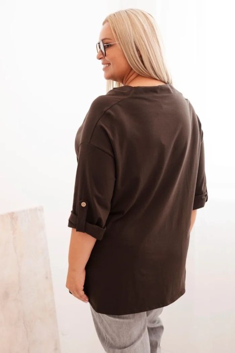 Bluzka damska Plus Size z bawełną o luźnym kroju z dekoltem wodnym brązowa