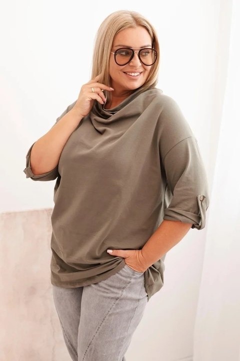 Bluzka damska Plus Size z bawełną o luźnym kroju z dekoltem wodnym khaki