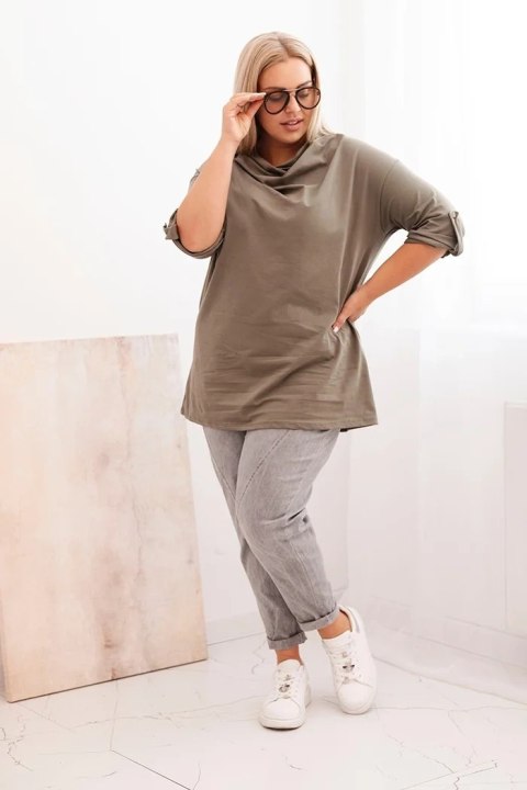 Bluzka damska Plus Size z bawełną o luźnym kroju z dekoltem wodnym khaki