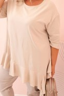 Bluzka damska Plus Size z bawełną z falbaną i rękawem podwijanym beżowa