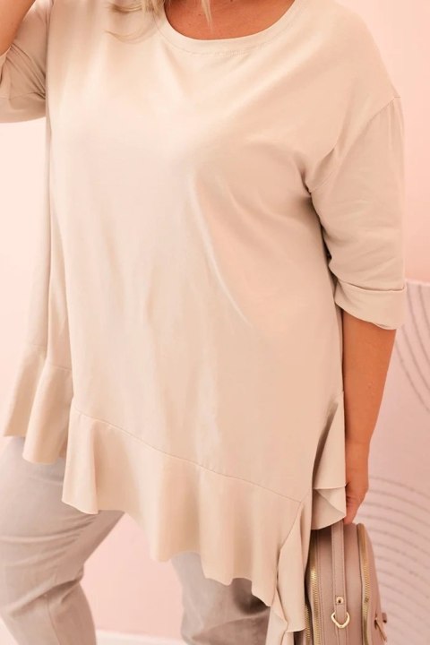 Bluzka damska Plus Size z bawełną z falbaną i rękawem podwijanym beżowa