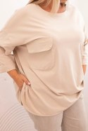 Bluzka damska Plus Size z bawełną z kieszenią i rękawem podwijanym beżowa