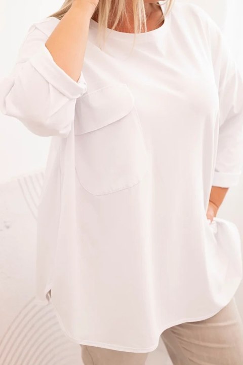 Bluzka damska Plus Size z bawełną z kieszenią i rękawem podwijanym biała