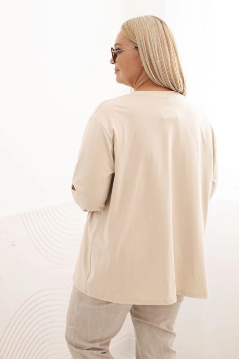 Bluzka damska plus size z bawełną z długim rękawem i marszczeniem beżowa
