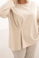 Bluzka damska plus size z bawełną z długim rękawem i marszczeniem beżowa