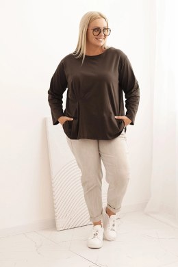 Bluzka damska plus size z bawełną z długim rękawem i marszczeniem brązowa