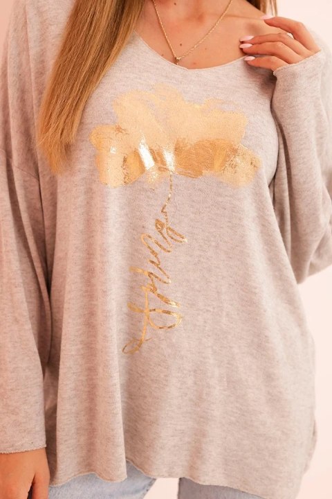 Bluzka damska z wiskozy z długim rękawem i złotym kwiatowym nadrukiem beżowy melanż