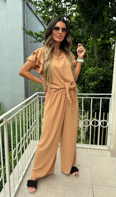 Damski oversizowy komplet LAURA | FALBANKA | CAMEL | bluzka+spodnie | rozmiar uniwersalny