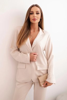 Komplet damska z wiskozą z ozdobami i elastycznymi spodniami beżowy