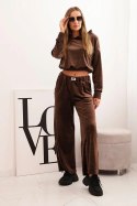 Komplet dresowy damska z weluru z szerokimi nogawkami i bluzą z kapturem brązowy