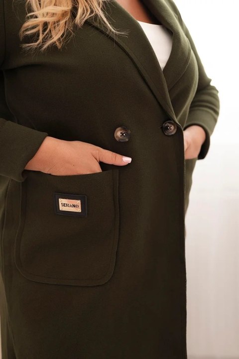 Płaszcz damski elegancki Plus Size z kołnierzem i dużymi kieszeniami khaki