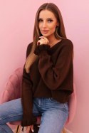 Sweter damska z moheru z marszczonymi rękawami i wycięciem na plecach brązowy