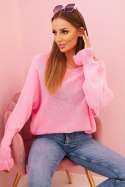 Sweter damska z moheru z marszczonymi rękawami i wycięciem na plecach jasny różowy