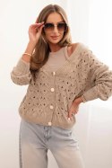Sweter damski ażurowy z dekoltem V i złotymi guzikami ciemny beżowy