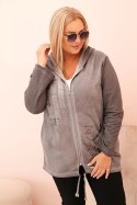 Bluza damska Plus Size dekatyzowana z kapturem i nadrukiem BKLYN grafitowa