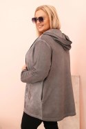 Bluza damska Plus Size dekatyzowana z kapturem i nadrukiem BKLYN grafitowa